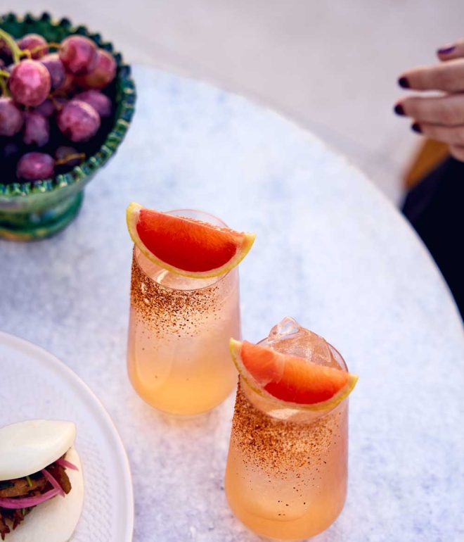 Close up of cocktail with grapefruit slice as garnish Algarve Portugal