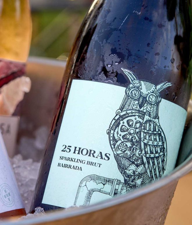 Closeup on wine bottle in galvanise bucket in ice Algarve Portugal