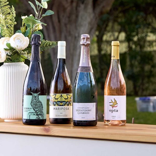 Wine bottles outdoors on bar top Algarve Portugal