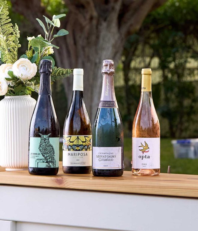 Wine bottles outdoors on bar top Algarve Portugal