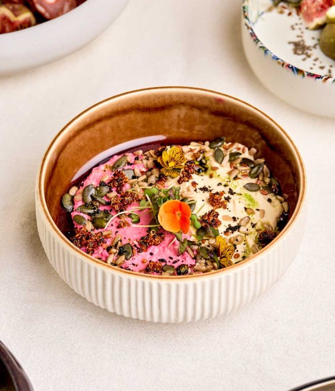 Different dips with garnishes in a bowl on a table Algarve Portugal